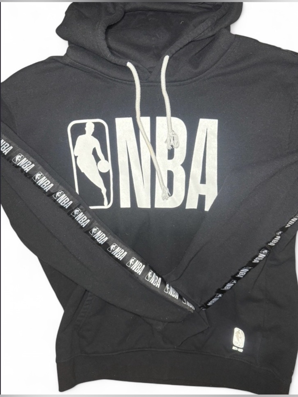 NBA Logo Tape Sleeve Hoodie Black Sweatshirt Men's Size Large